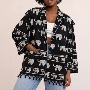 Sam Hilu Lion Print Fringe Hem Oversized Blazer Jacket Size M